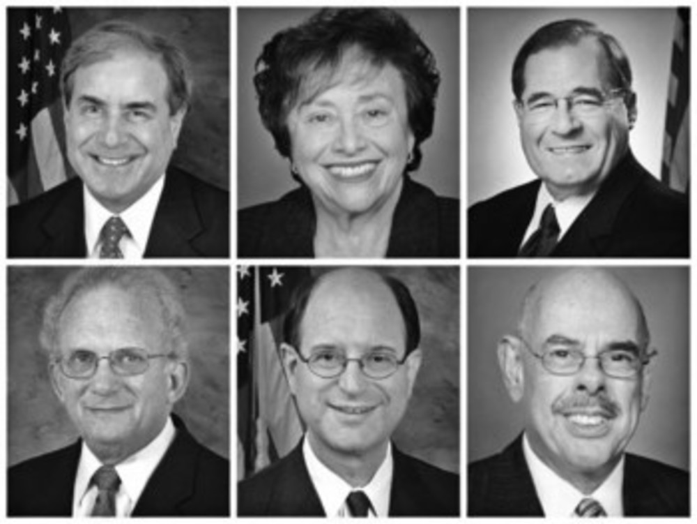 Jewish House members, present and past, clockwise from left, John Yarmuth, Nita Lowey, Jerrold Nadler, Henry Waxman, Brad Sherman and Howard Berman.